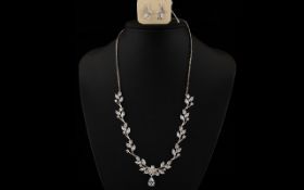 Faux Diamond Flower Sprig Necklace and Matching Earrings,