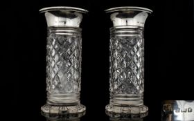 George VI Excellent Quality Pair of Silver Topped Rimmed Cut Glass Vases star bases to each of