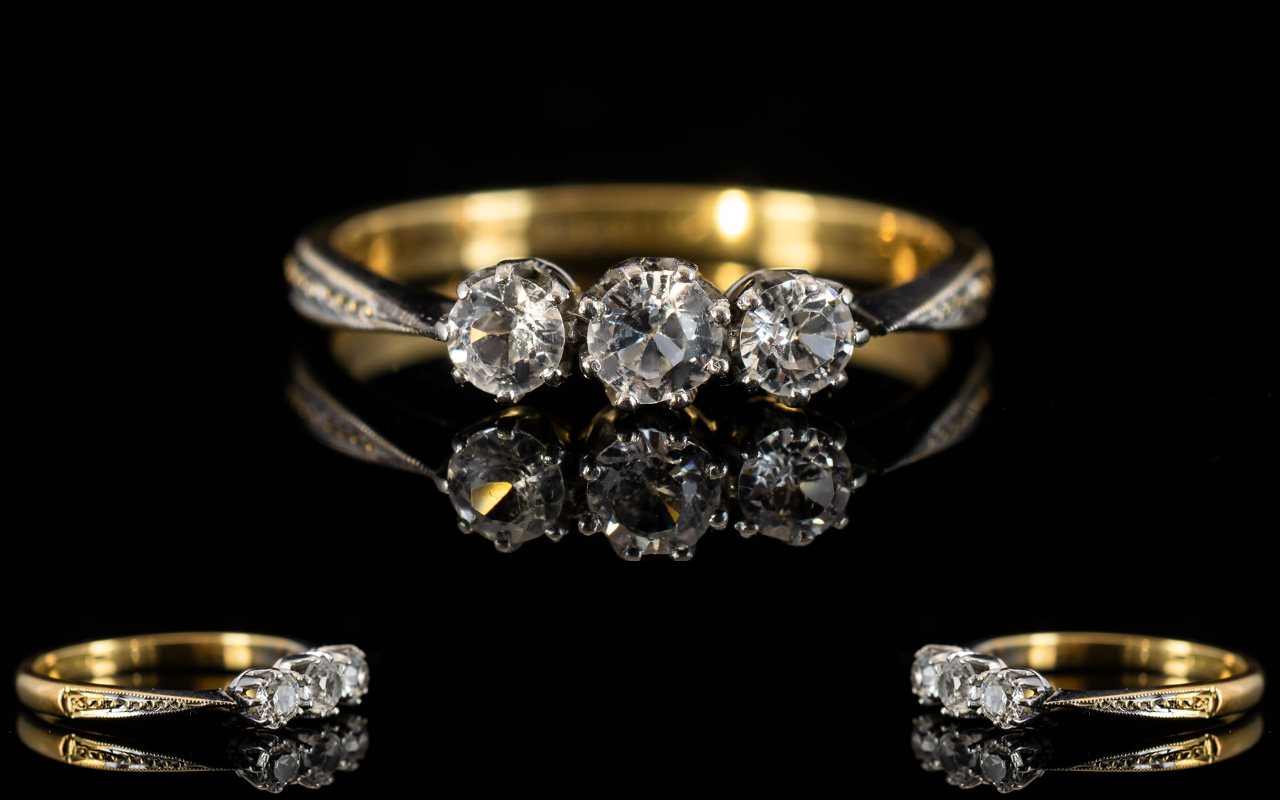 18ct Gold & Platinum Set 3 Stone Diamond Ring of Attractive Form.