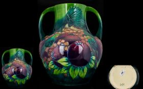 Moorcroft Huge and Impressive Tubelined Twin Handle Vase / Jug ' Blue-finches and Pomegranates '