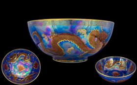 Carlton Ware W and R Large Lustre Footed Bowl 'Dragons' Pattern on bluey ground. Circa 1920's.