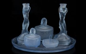 Art Deco Six Piece Glass Dressing Table Set Comprising moulded tray with mermaid and fish design in