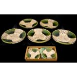 Japanese Art Pottery Dishes five bowls in a fitted wooden box with Japanese calligraphy to lid,