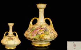 Royal Worcester Blush Ivory Twin Handle Vase, with Painted Images of Spring Flowers to Body,