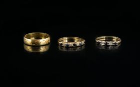 Three 9ct Gold Rings To include wedding band, size P,