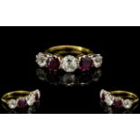 18ct Gold and Platinum Attractive 5 Stone Ruby and Diamond Set Ring, From The 1920's / 1930's.