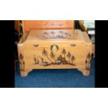 Oriental Carved Coffer - of traditional square form with hinged lid and carved palm tree detail to
