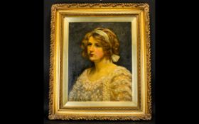 Edwardian Oil On Canvas Portrait Signed Wilfrid M Nolan Depicting a blonde female head and