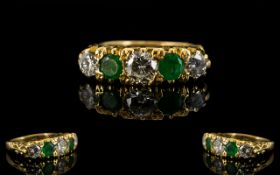 18ct Gold - Pleasing and Attractive 5 Stone Diamond and Emerald Dress Ring, Gallery Set.