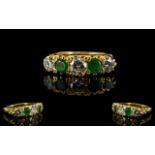 18ct Gold - Pleasing and Attractive 5 Stone Diamond and Emerald Dress Ring, Gallery Set.