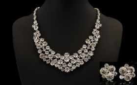 White Crystal Rounds and Open Circles Necklace and Cluster Stud Earrings Set,