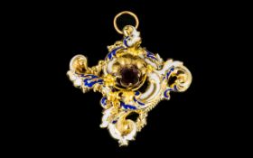 Antique Period 9ct Gold & Enamel Set Ornate Pendant with Central Set Faceted Garnet.