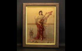 Antique Framed Print Polychrome print depicting female musician in flowing robes and jeweled