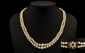 1960's Nice Quality and Well Matched Double Strand Cultured Pearl Necklace with Circular 9ct Gold