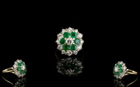 18ct Gold - Attractive Emerald and Diamond Set Cluster Ring, Flower head Design.