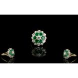 18ct Gold - Attractive Emerald and Diamond Set Cluster Ring, Flower head Design.