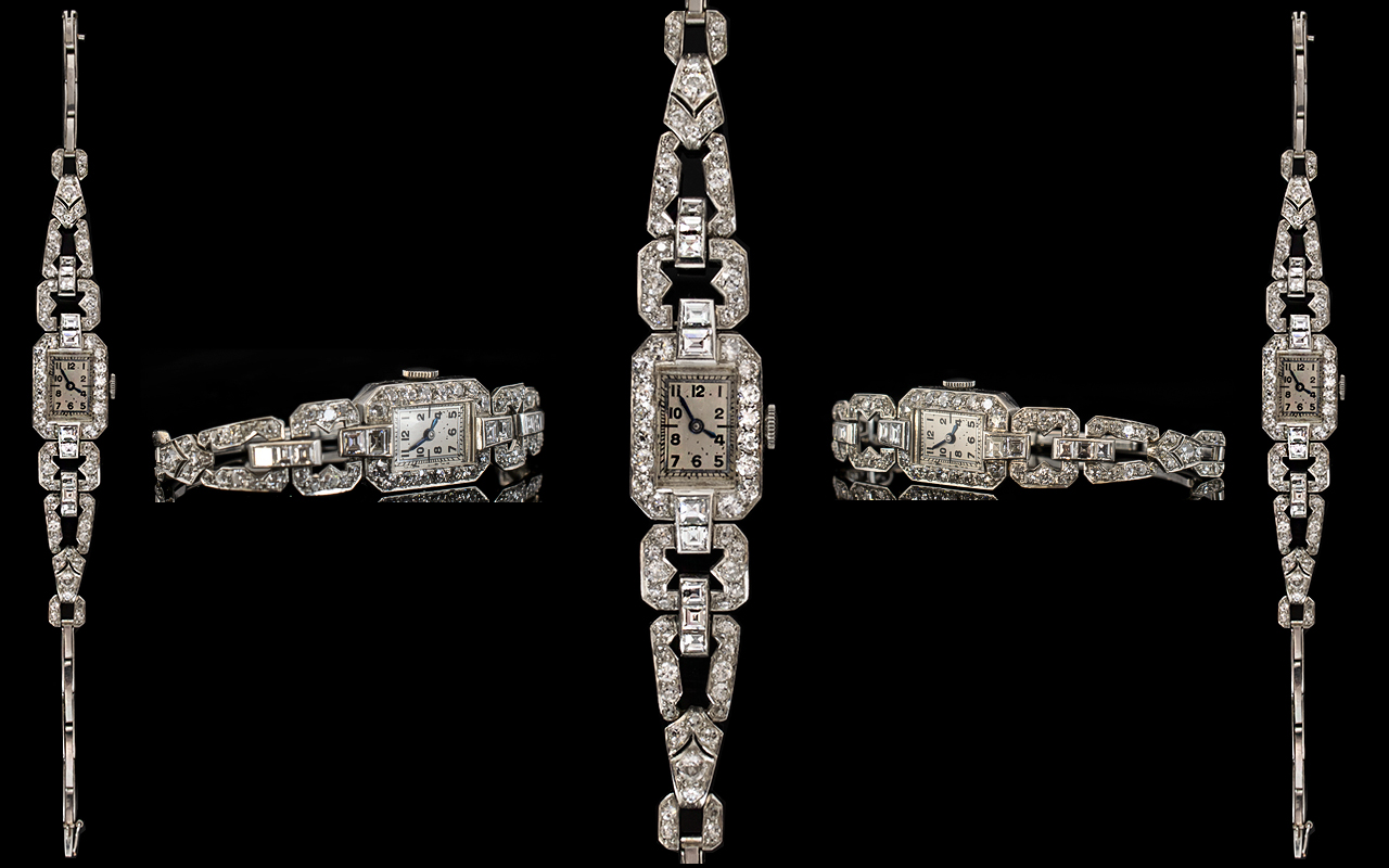 Art Deco Stunning Platinum Brilliant and Baguette Cut Diamond Set Cocktail Watch of pleasing form