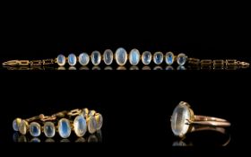 Antique Period Ladies - Nice Quality 9ct Gold Natural Blue Moonstone Set Bracelet with Matching