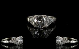 Art Deco Period Platinum Set Single Stone Diamond Ring of pleasing form.