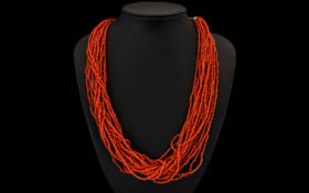 Coral Multi Strand Seed Bead Necklace Length 20 inches,