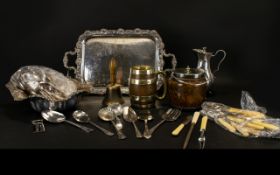 A Collection Of Silver Plated Items To include, twin handle etched tray, large bowl, tankard,