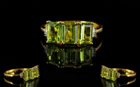 Peridot and Diamond Band Ring, three octagon cut peridots in a row,