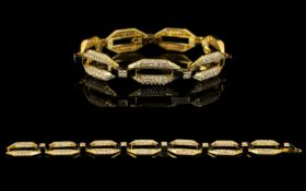 French - Superb and Attractive 18ct Yellow Gold Link Bracelet Set with Diamonds and Onyx Spacers,