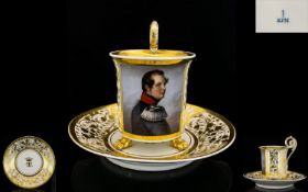 Fine Quality Berlin KPM Cabinet Cup And Saucer, hand painted polychrome portrait of a Freiherr (