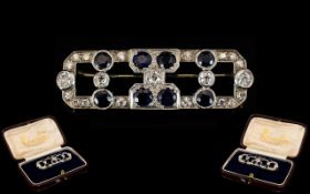 Art Deco Sapphire And Diamond Brooch Geometric rectangular design containing eight round cut blue