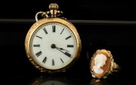 Edwardian Ladies 14ct Gold Cased Pocket Watch Comprising white ceramic dial with black Roman