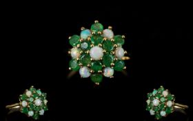 Ladies 9ct Gold - Attractive Opal and Emerald Dress Ring, Flower head Design.