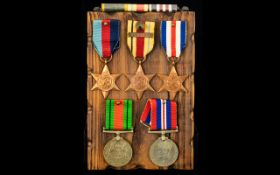 WWII Interest Military Plaque With Five Medals Display plaque with Defence Medal, 1939 - 1945 Medal,