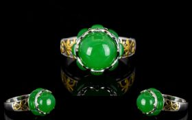 Green Jade Crowned Ring with White Zircon Accents, a circle of square cut jade cabochons,