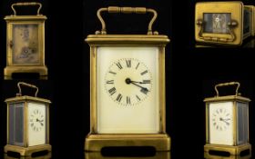 English - Small Brass Carriage Clock with Bevelled Glass Panels and Visible Platform,