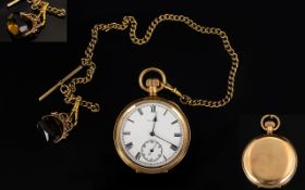 Elgin 10ct Gold Plated Open Faced Pocket Watch features white porcelain dial. Jewelled movement.