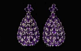 Amethyst Pear Drop Cluster Statement Earrings, long, pear shape clusters of oval and round cut,