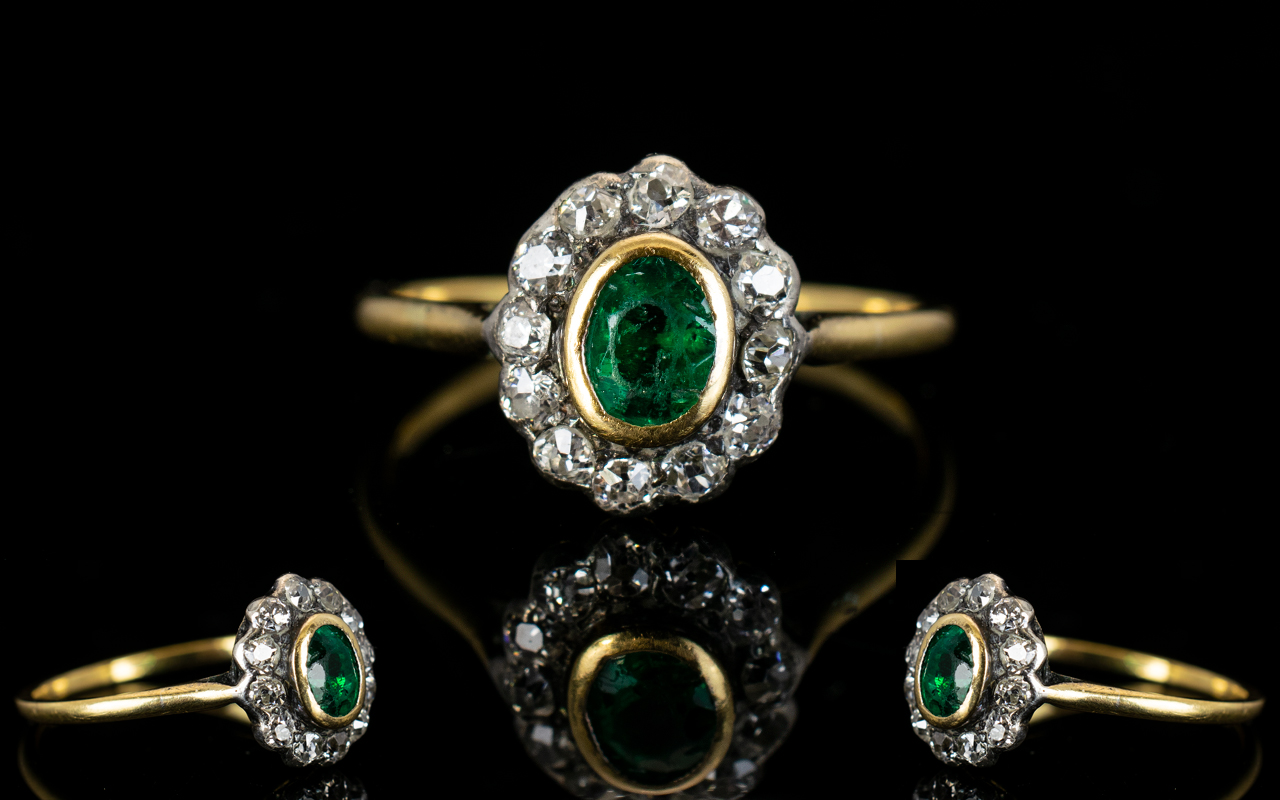 Antique Period - Attractive Gold and Platinum Set Emerald and Diamond Cluster Ring.