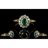 Antique Period - Attractive Gold and Platinum Set Emerald and Diamond Cluster Ring.