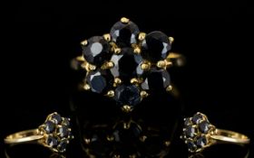 Ladies 9ct Gold - Sapphire Set Cluster Dress Ring. Flowerhead setting. Fully hallmarked for 9.375.