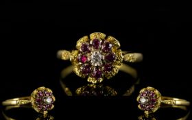 Ladies - Attractive and Pleasing 18ct Gold Diamond and Ruby Cluster Ring,