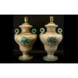 A Pair of Large French Table Lamps in cream stippled paint effect with pale green floral relief and