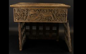 Oriental Carved Wood Writing Slope Of rectangular form with hinged top,