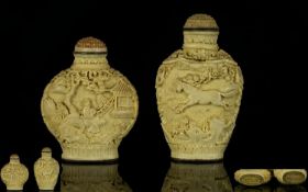 Chinese 19thC Pair of Well Carved Resin Snuff Bottles of good form and quality. Character marks to