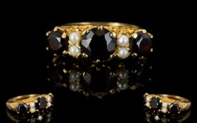 Antique Style Ladies Attractive 9ct Gold Garnet And Pearl Set Dress Ring, Good Setting.