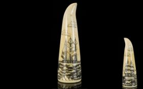 Maritime Interest Scrimshaw Sailors Valentine Hollowed tooth etched with scenes of whaling ships