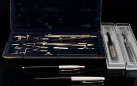 Architectural Draughtsman Set With Drawing Tools. Together With Four Cased Parker Pens.