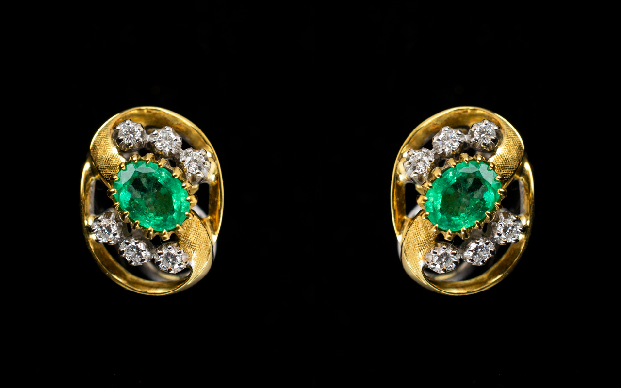 18ct Gold Superb Pair of Diamond and Emerald Set Earrings - of attractive form.