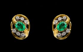 18ct Gold Superb Pair of Diamond and Emerald Set Earrings - of attractive form.