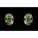 18ct Gold Superb Pair of Diamond and Emerald Set Earrings - of attractive form.