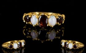 Antique Style - Attractive 5 Stone Opal and Garnet Dress Ring. Set In a Good Quality Shank M - N.